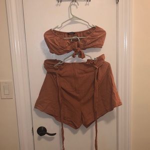 Coral matching set, high waisted shorts and bandeau top
